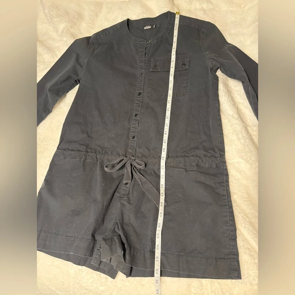 Kate Spade Saturday Black Button-Up Cinch Waist Canvas Half Sleeve Romper